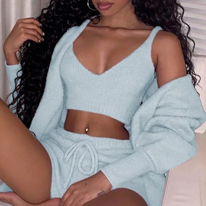 3pcs Womens Clothing Long Sleeve Crop Tank Top And Drawstring Shorts Pajama Set - Image 4