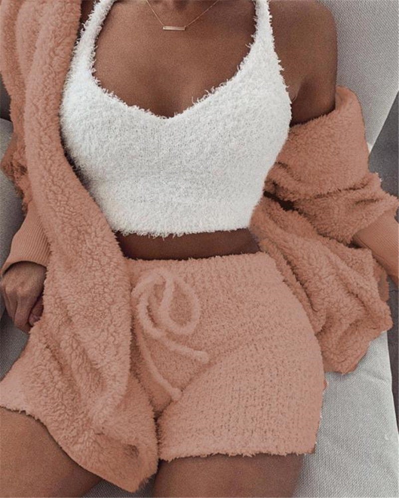 3pcs Womens Clothing Long Sleeve Crop Tank Top And Drawstring Shorts Pajama Set - Image 6