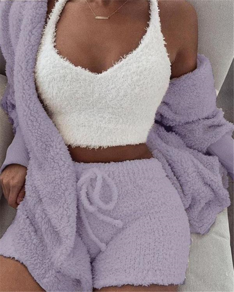 3pcs Womens Clothing Long Sleeve Crop Tank Top And Drawstring Shorts Pajama Set - Image 7