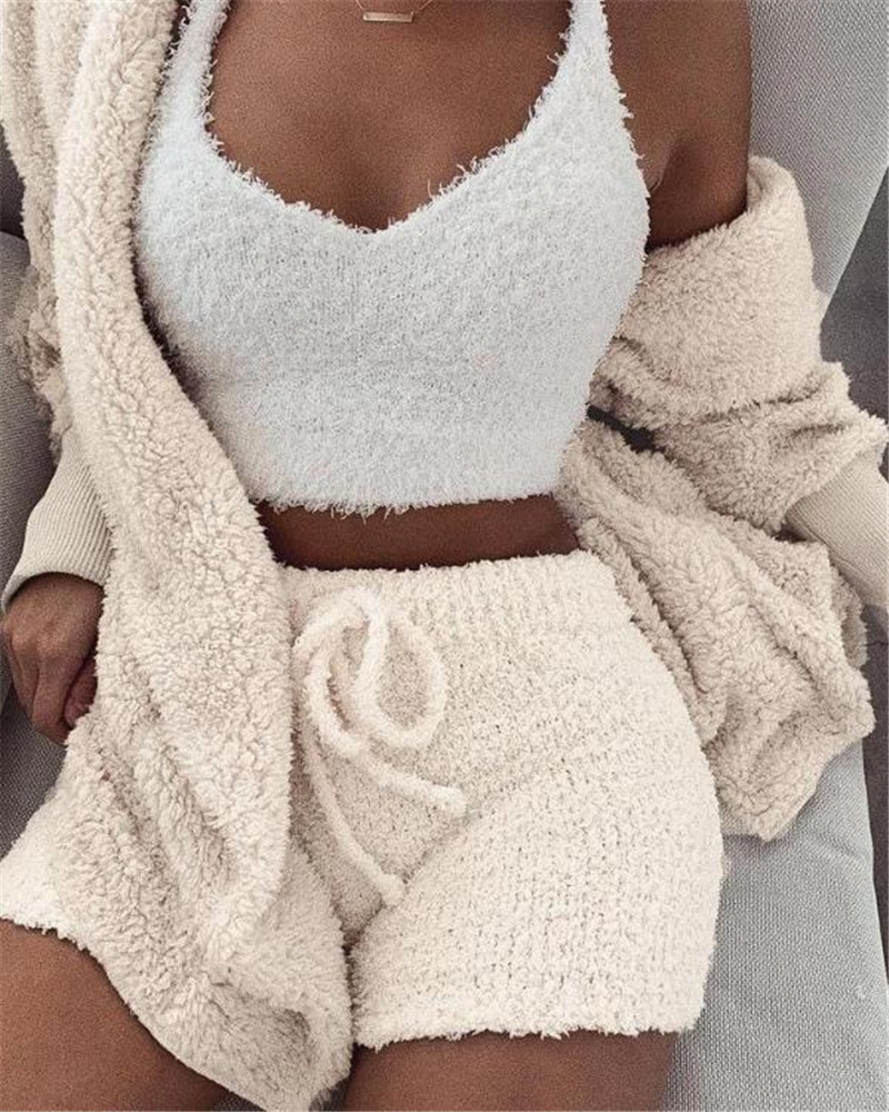 3pcs Womens Clothing Long Sleeve Crop Tank Top And Drawstring Shorts Pajama Set - Image 2