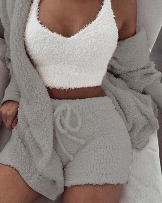 3pcs Womens Clothing Long Sleeve Crop Tank Top And Drawstring Shorts Pajama Set - Image 3